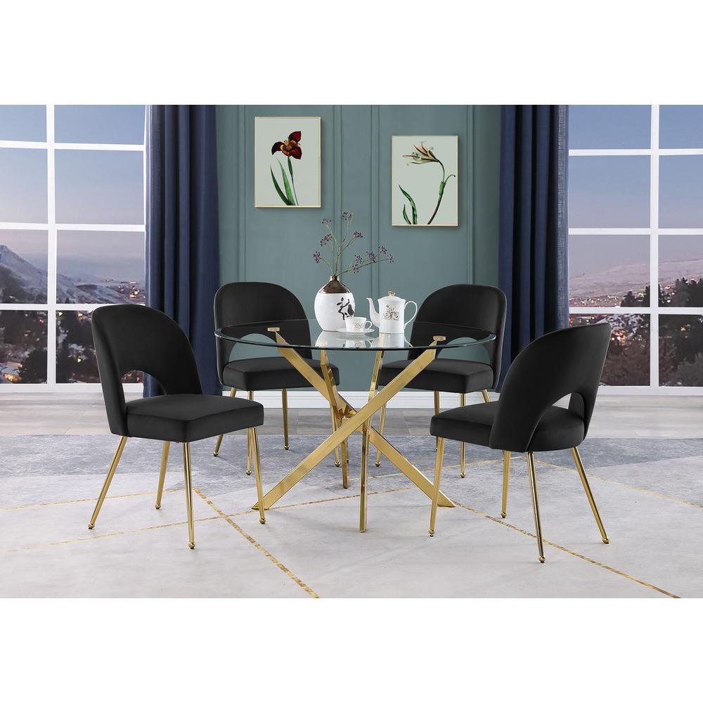 5pc dining Set- Round, tempered glass dining table with 4 Black velvet chairs. Picture 4