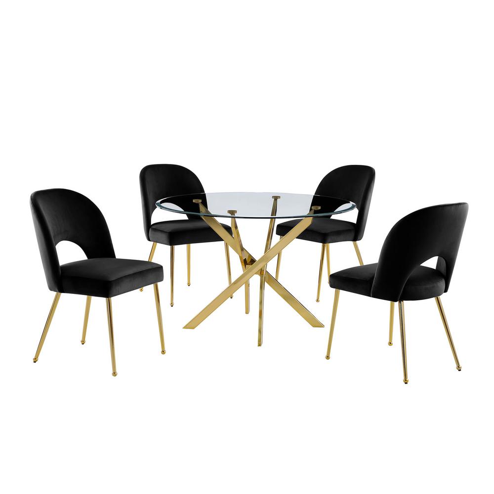 5pc dining Set- Round, tempered glass dining table with 4 Black velvet chairs. Picture 1