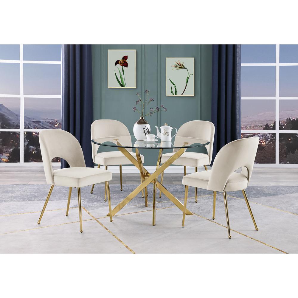 5pc dining Set- Round, tempered glass dining table with 4 Cream velvet chairs. Picture 4