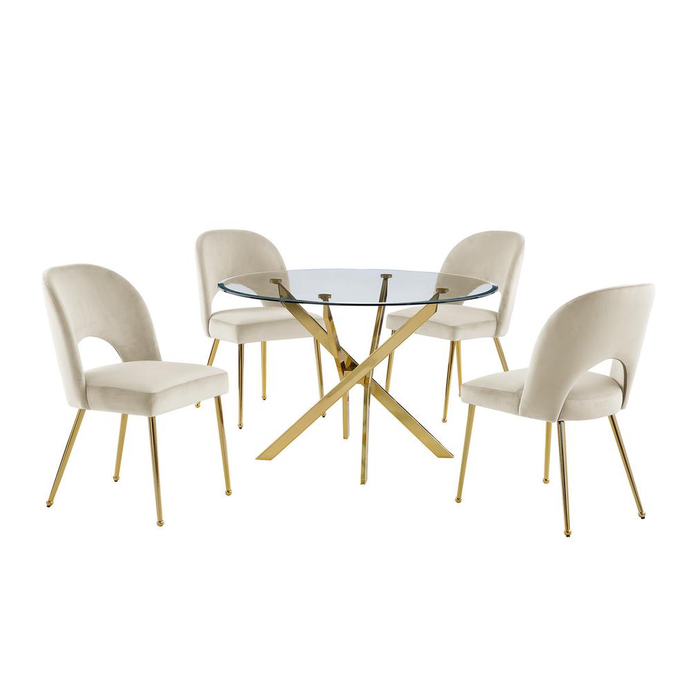 5pc dining Set- Round, tempered glass dining table with 4 Cream velvet chairs. Picture 1