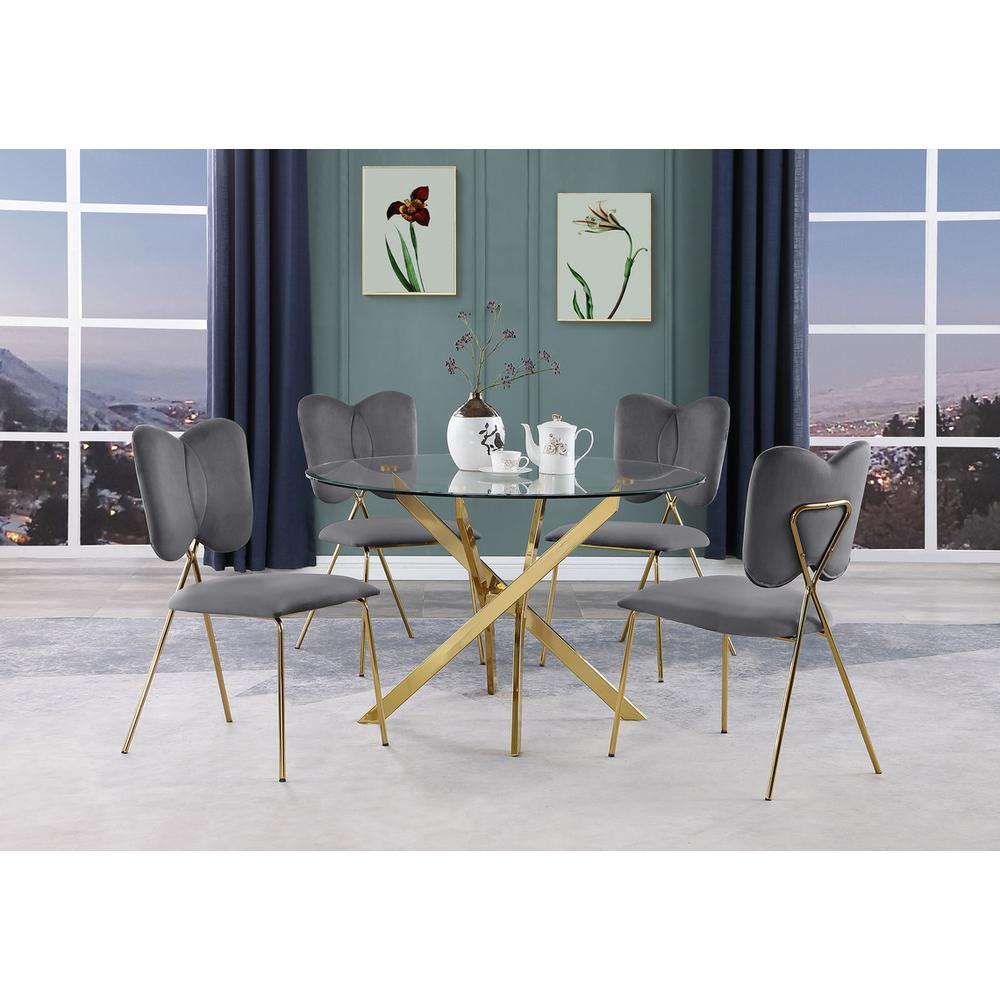 5pc dining Set- Round tempered glass dining table with 4 Dark grey velvet chairs. Picture 4