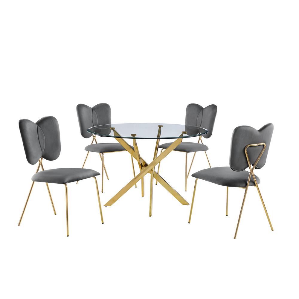 5pc dining Set- Round tempered glass dining table with 4 Dark grey velvet chairs. Picture 1