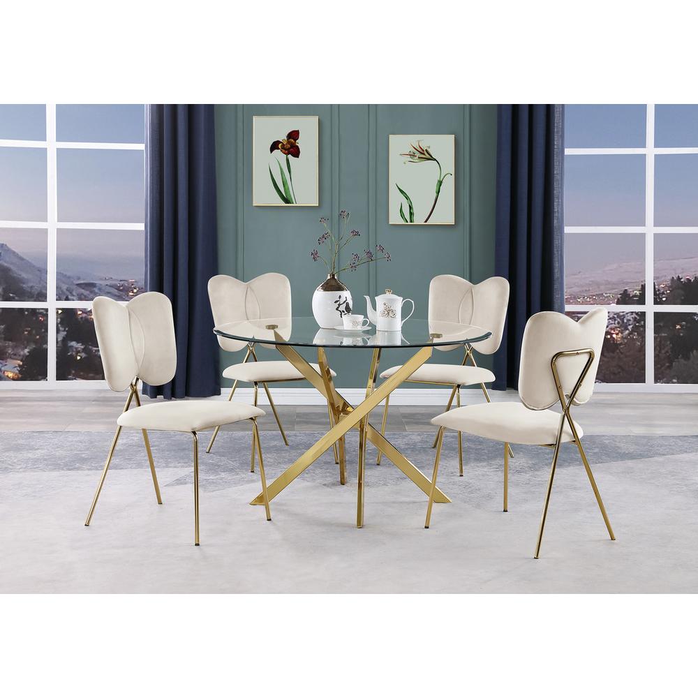 5pc dining Set- Round tempered glass dining table with 4 Cream velvet chairs. Picture 4