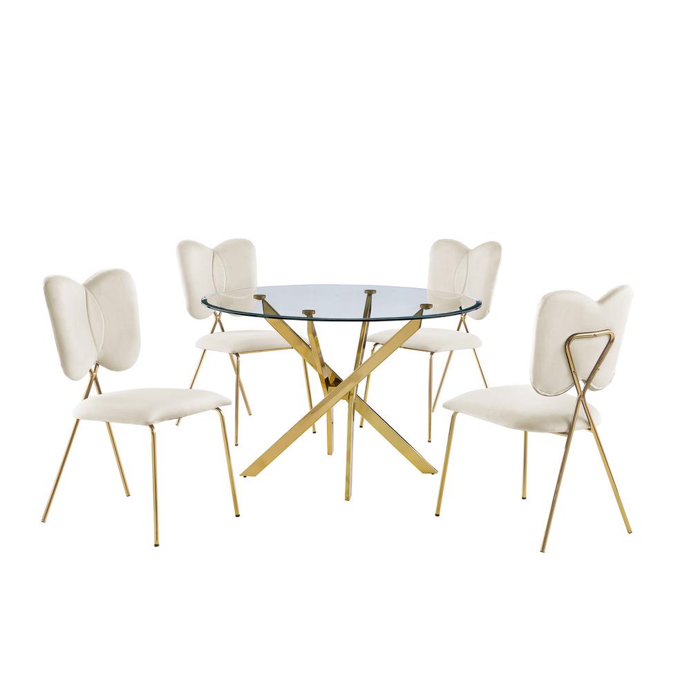 5pc dining Set- Round tempered glass dining table with 4 Cream velvet chairs. Picture 1