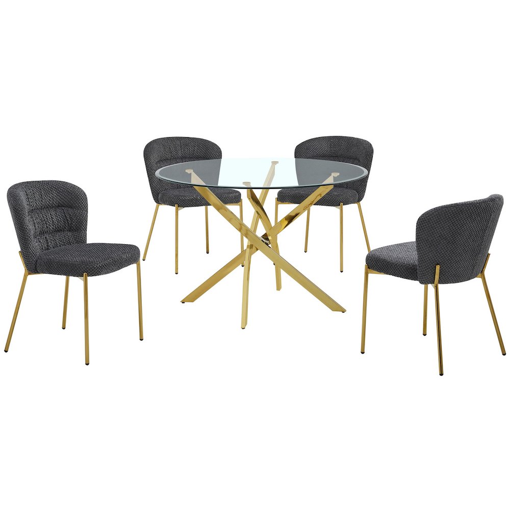 Round Tempered Glass Dining Table With 4 Dark Grey Side Chairs. Picture 1