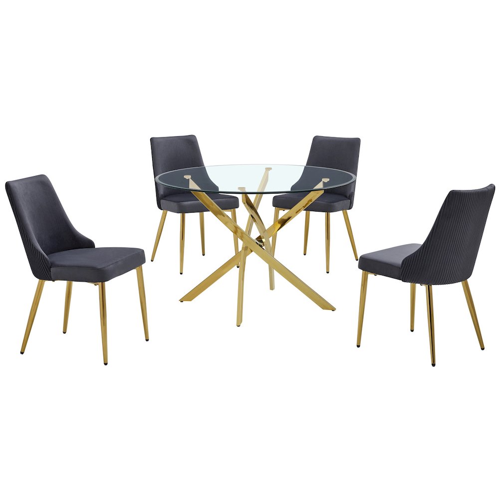 5Pc Round Tempered Glass Dining Table With 4 Dark Gray Side Chairs. Picture 1
