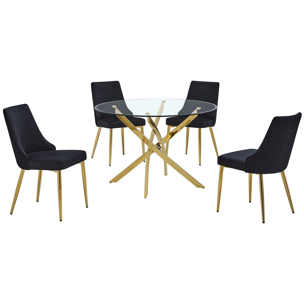 5Pc Round Tempered Glass Dining Table With 4 Black Side Chairs. Picture 1