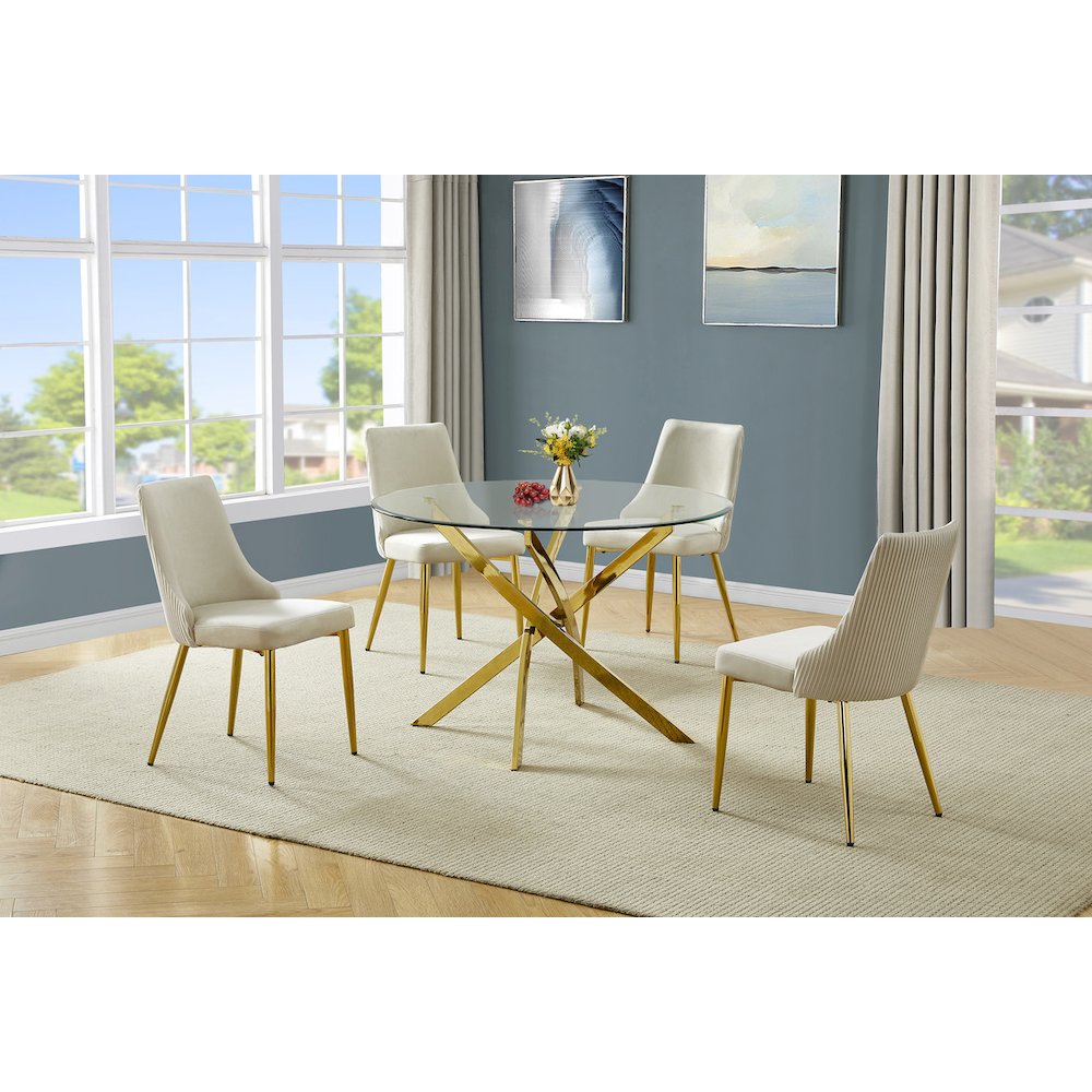 5Pc Round Tempered Glass Dining Table With 4 Cream Side Chairs. Picture 2