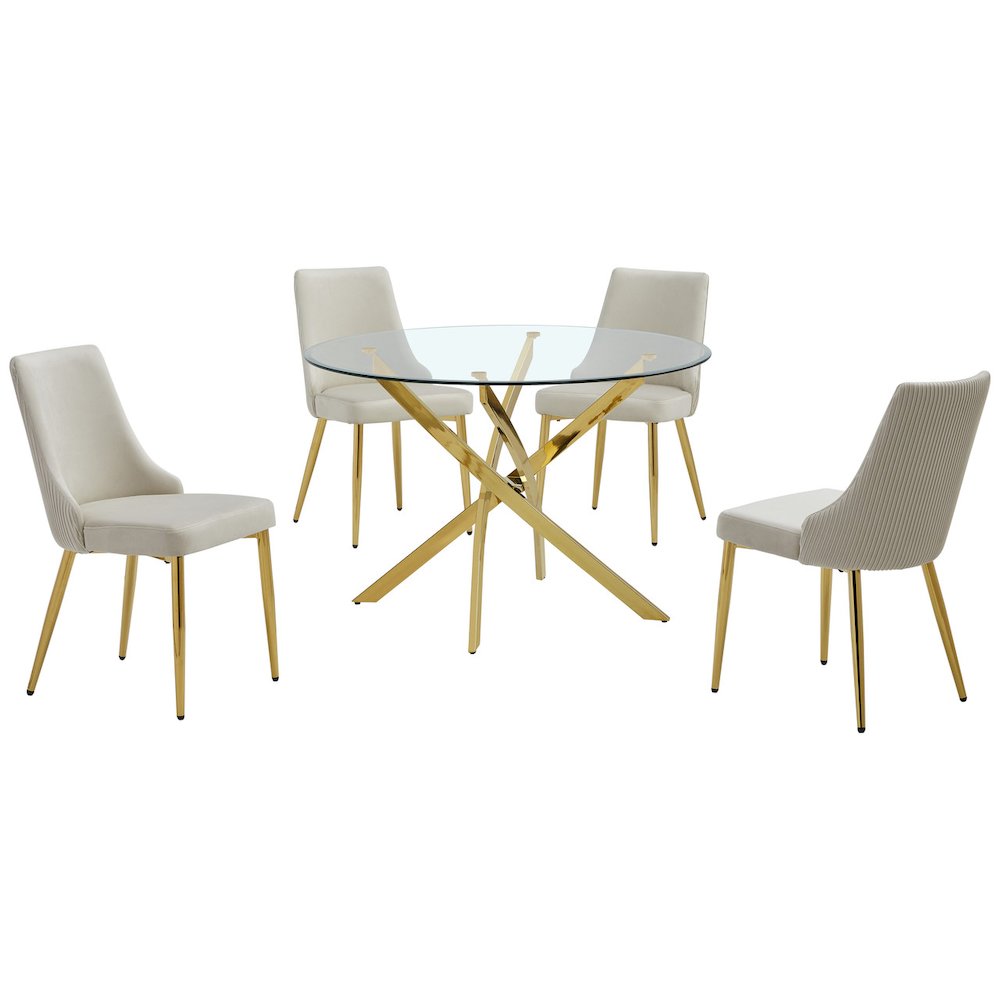 5Pc Round Tempered Glass Dining Table With 4 Cream Side Chairs. Picture 1