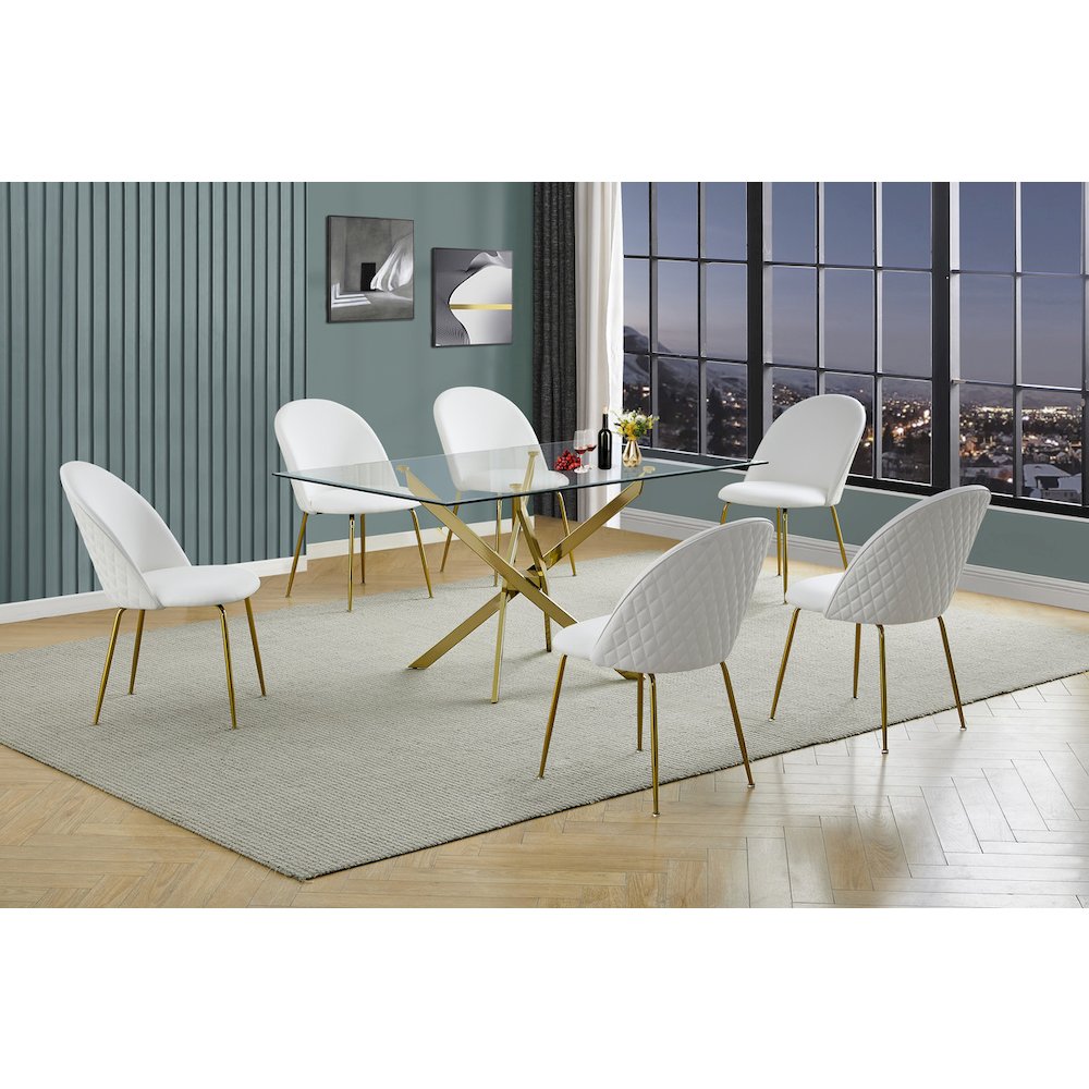 7 piece dining set- Rectangular dining table with 6 White faux leather chairs. Picture 5