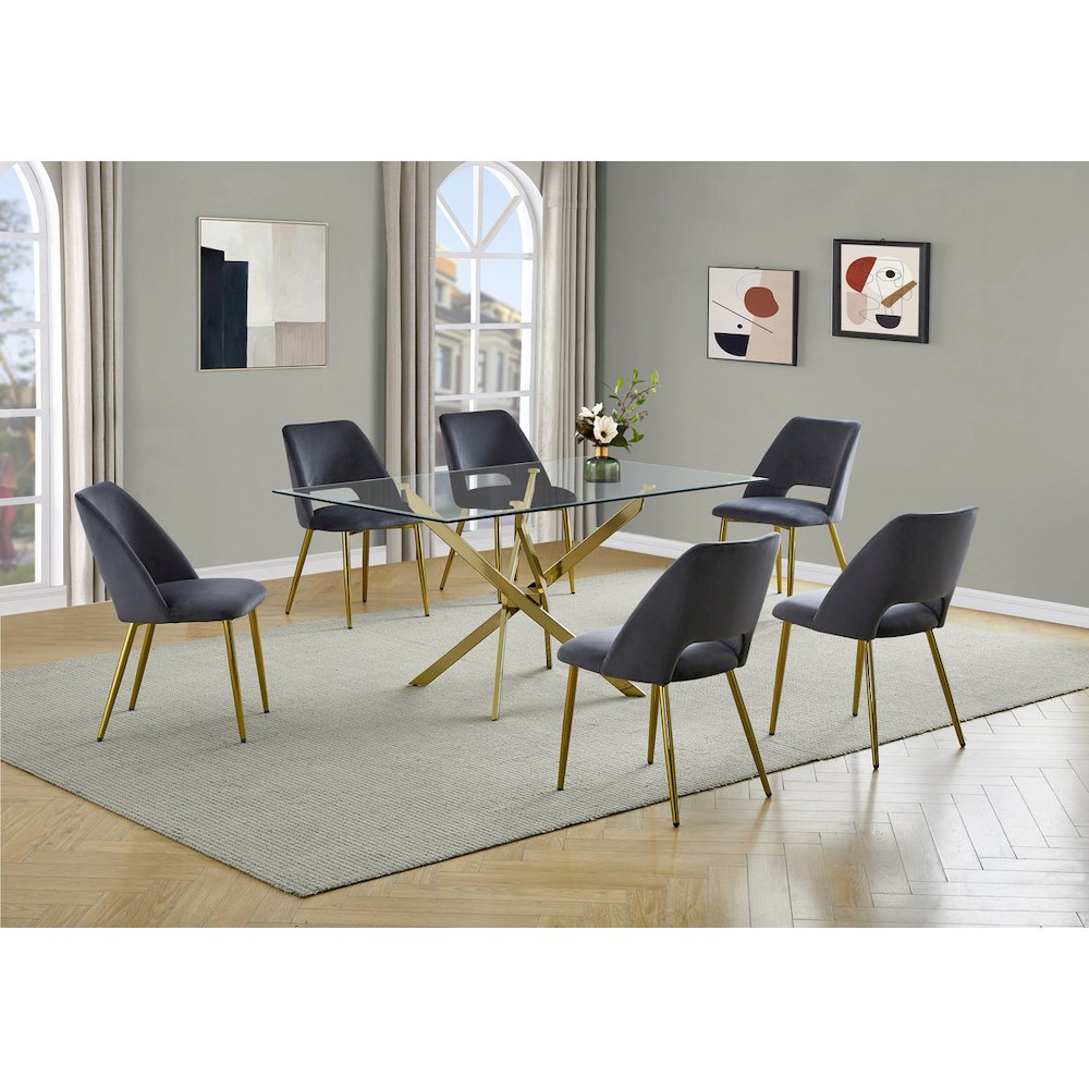 7Pc Modern Dining Set- Rectangle Table With Dark Grey Velvet Chairs. Picture 6