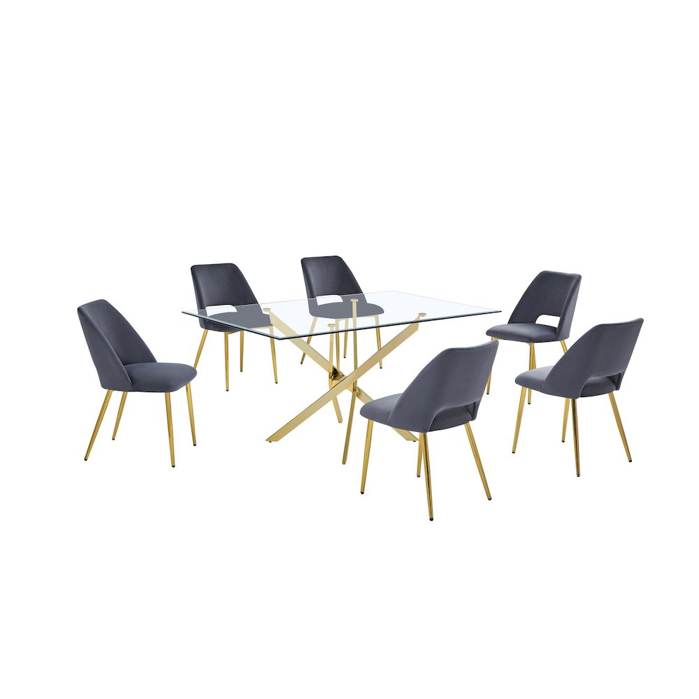 7Pc Modern Dining Set- Rectangle Table With Dark Grey Velvet Chairs. Picture 1