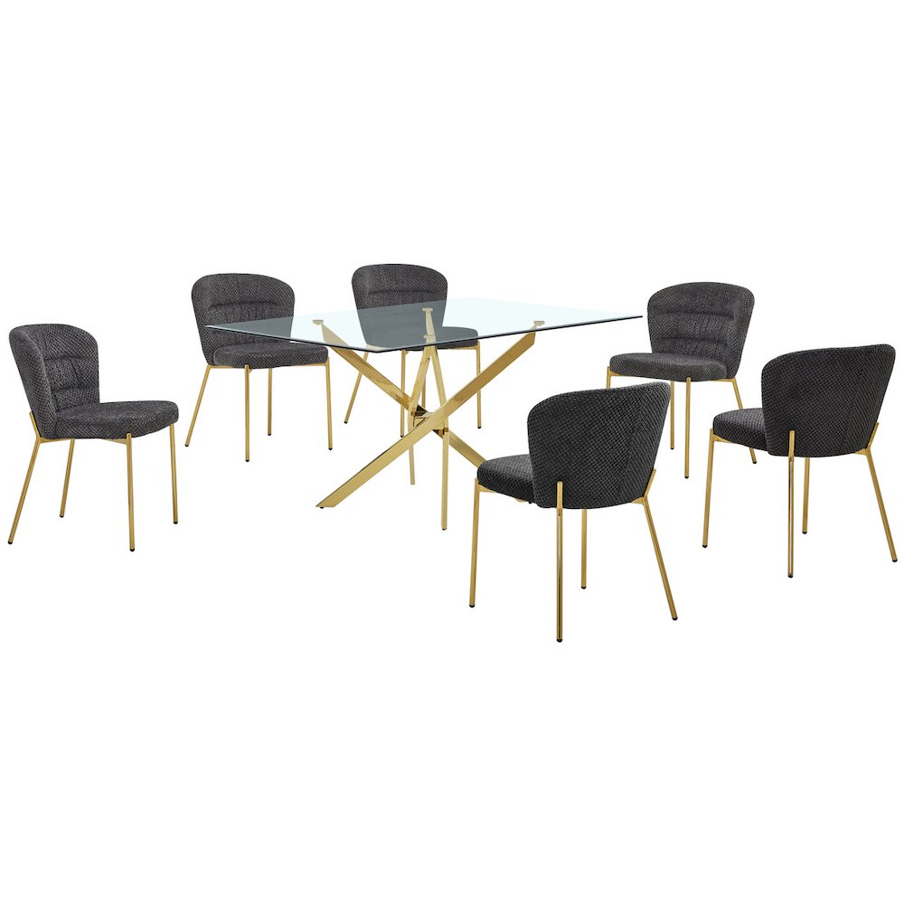 Rectangle Tempered Glass Dining Table With 6 Dark Grey Side Chairs. Picture 1