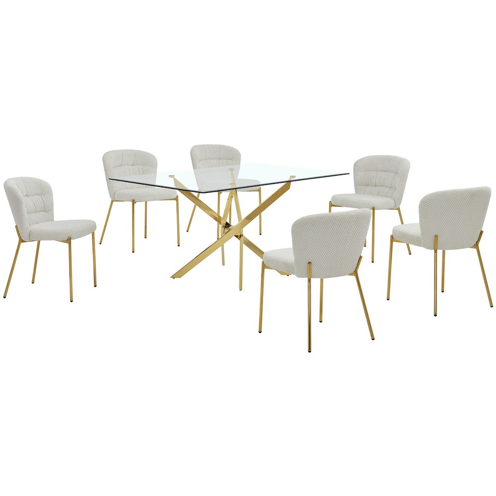 Rectangle Tempered Glass Dining Table With 6 Cream Side Chairs. Picture 1