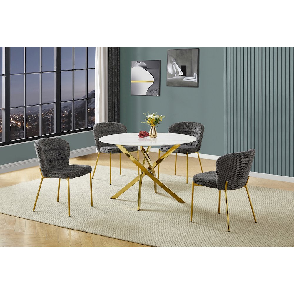 Round White Marble Wrap Glass Ding Table With 4 Dark Grey Side Chairs. Picture 2