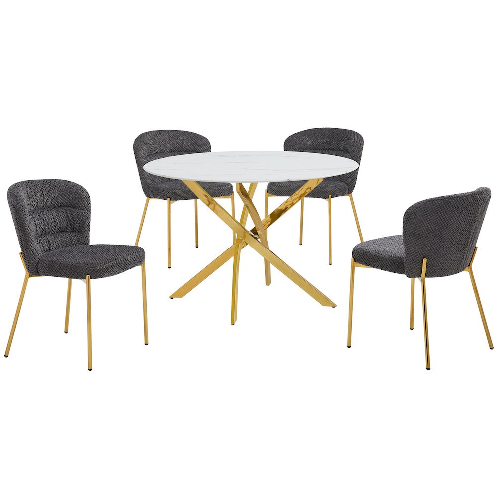 Round White Marble Wrap Glass Ding Table With 4 Dark Grey Side Chairs. Picture 1