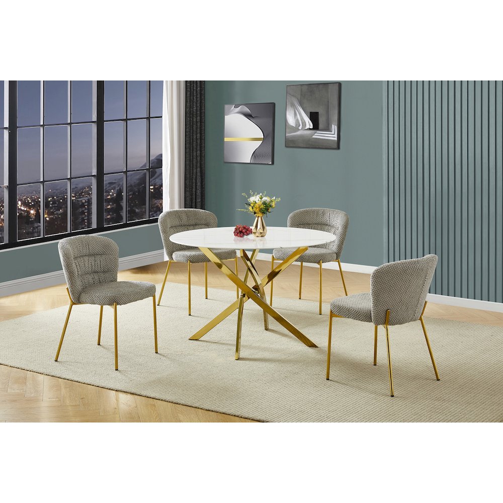 Round White Marble Wrap Glass Ding Table With 4 Grey Side Chairs. Picture 2