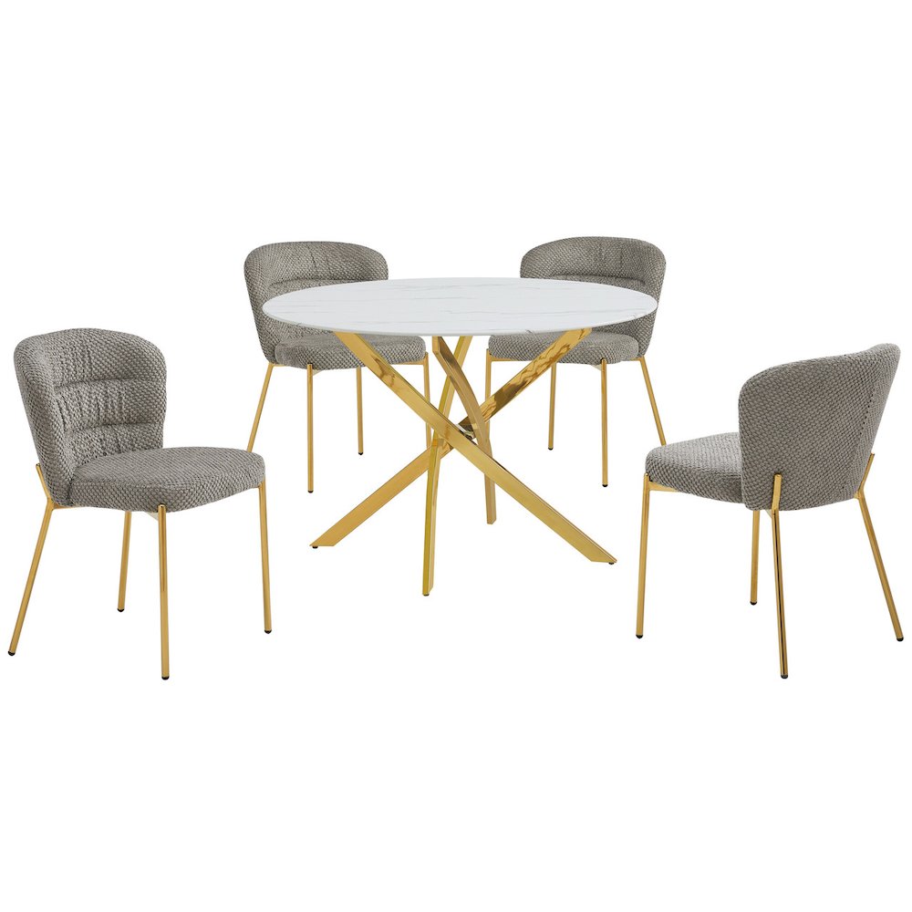 Round White Marble Wrap Glass Ding Table With 4 Grey Side Chairs. Picture 1