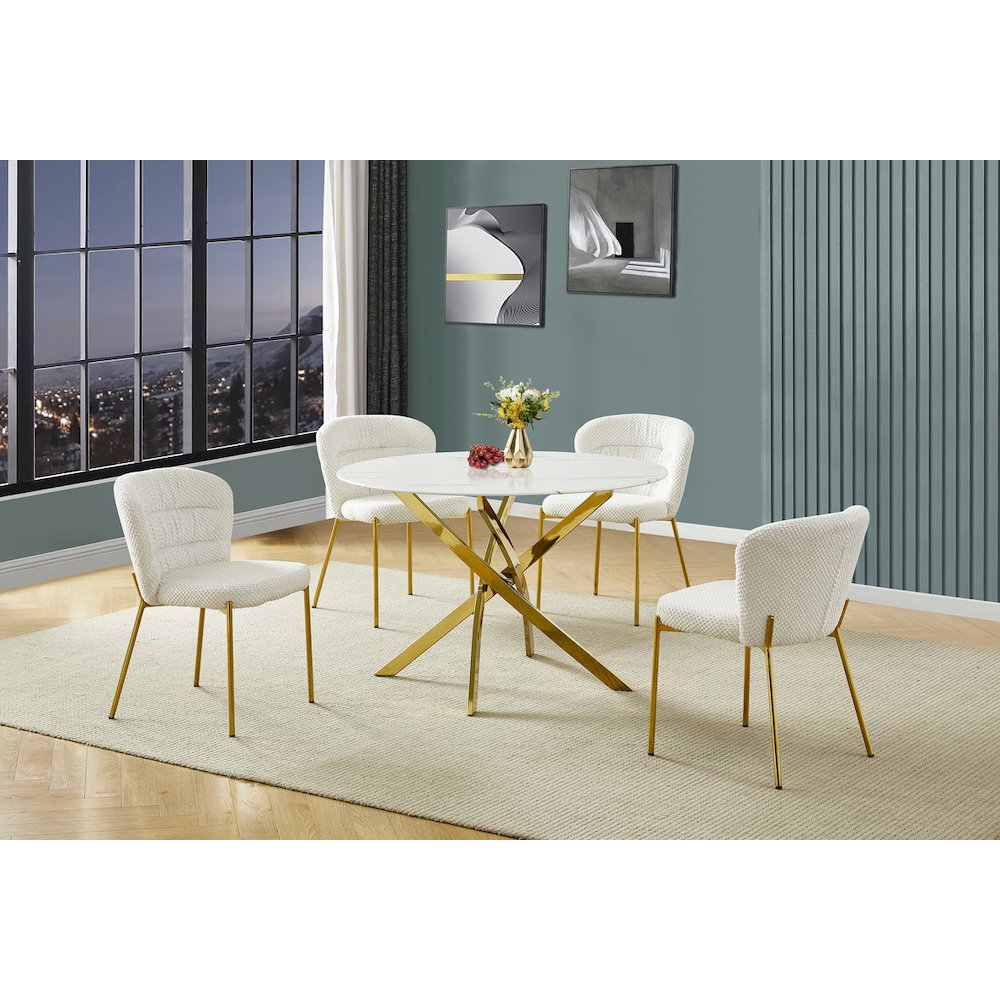 Round White Marble Wrap Glass Ding Table With 4 Cream Side Chairs. Picture 2