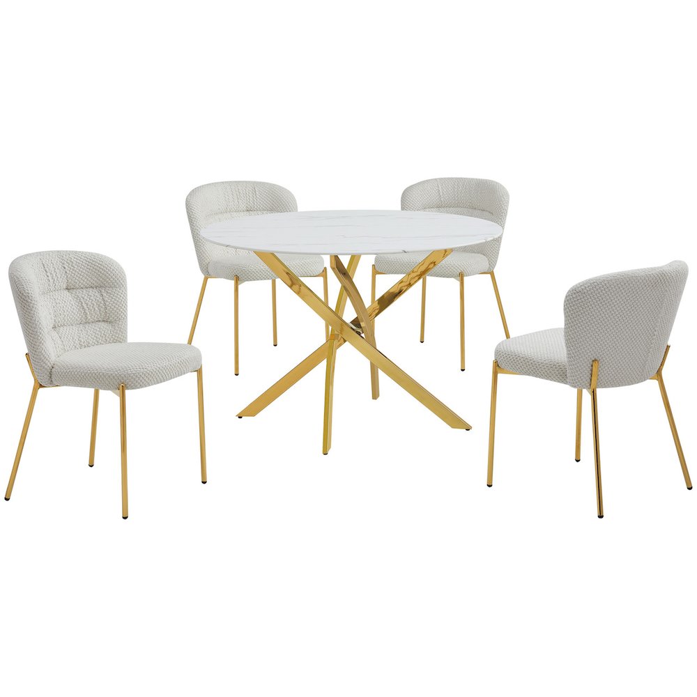 Round White Marble Wrap Glass Ding Table With 4 Cream Side Chairs. Picture 1