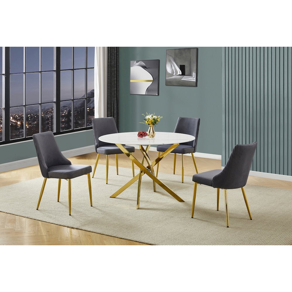 5Pc Round Marble Wrap Tempered Glass Dining Set With 4 Dark Gray Side Chairs. Picture 2