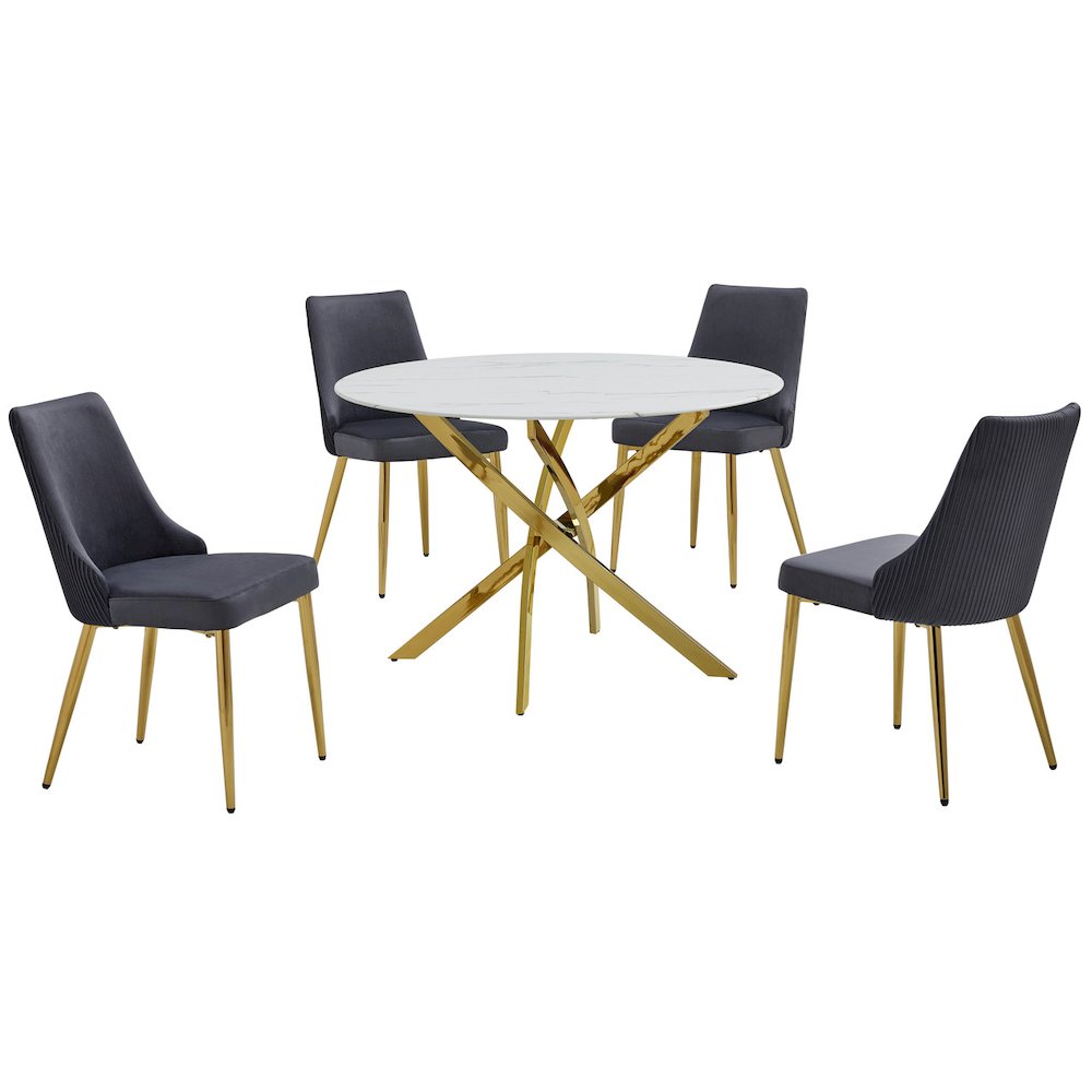 5Pc Round Marble Wrap Tempered Glass Dining Set With 4 Dark Gray Side Chairs. Picture 1