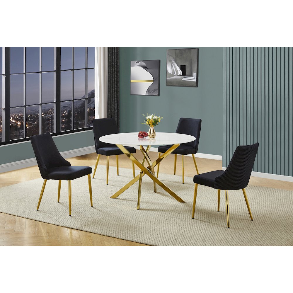 5Pc Round Marble Wrap Tempered Glass Dining Set With 4 Black Side Chairs. Picture 2