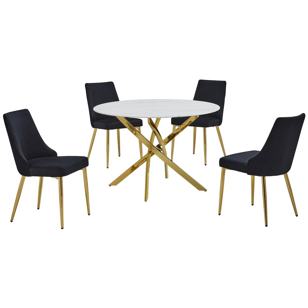 5Pc Round Marble Wrap Tempered Glass Dining Set With 4 Black Side Chairs. Picture 1