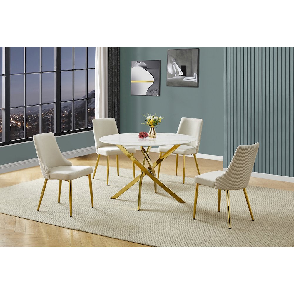 5Pc Round Marble Wrap Tempered Glass Dining Set With 4 Cream Side Chairs. Picture 2