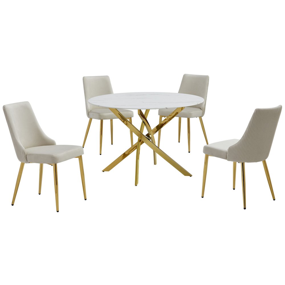 5Pc Round Marble Wrap Tempered Glass Dining Set With 4 Cream Side Chairs. Picture 1