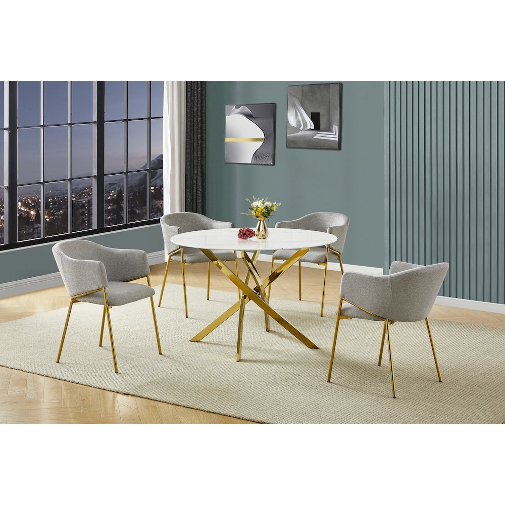 Round Marble Wrap Tempered Glass Dining Table With 4 Linen Gray Side Chairs. Picture 2