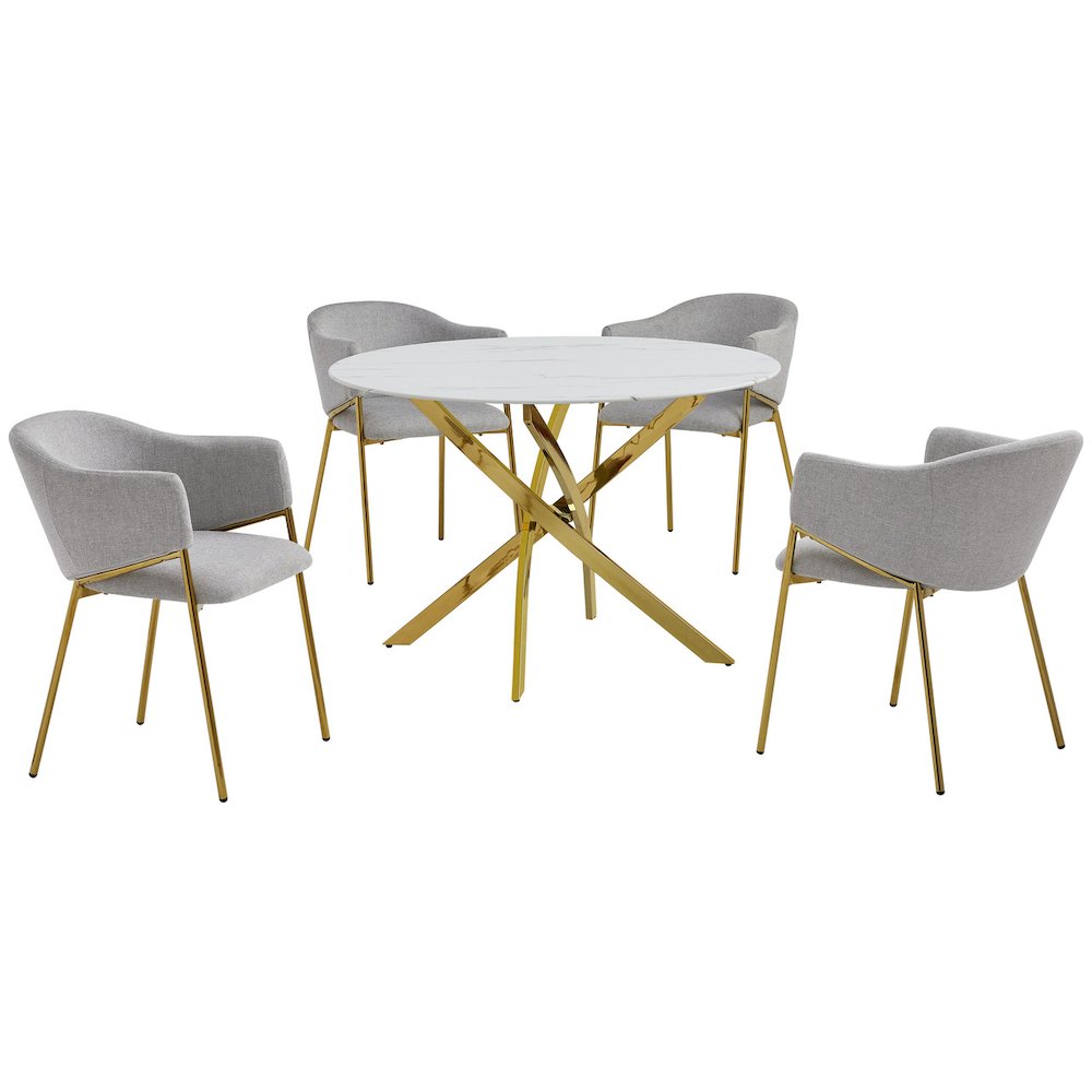 Round Marble Wrap Tempered Glass Dining Table With 4 Linen Gray Side Chairs. Picture 1