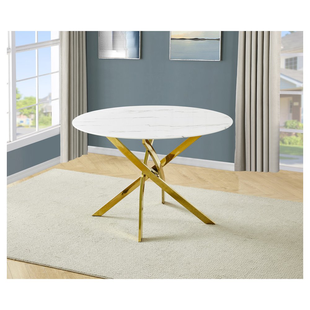 Round Marble Wrap Tempered Glass Dining Table With Gold Base. Picture 3