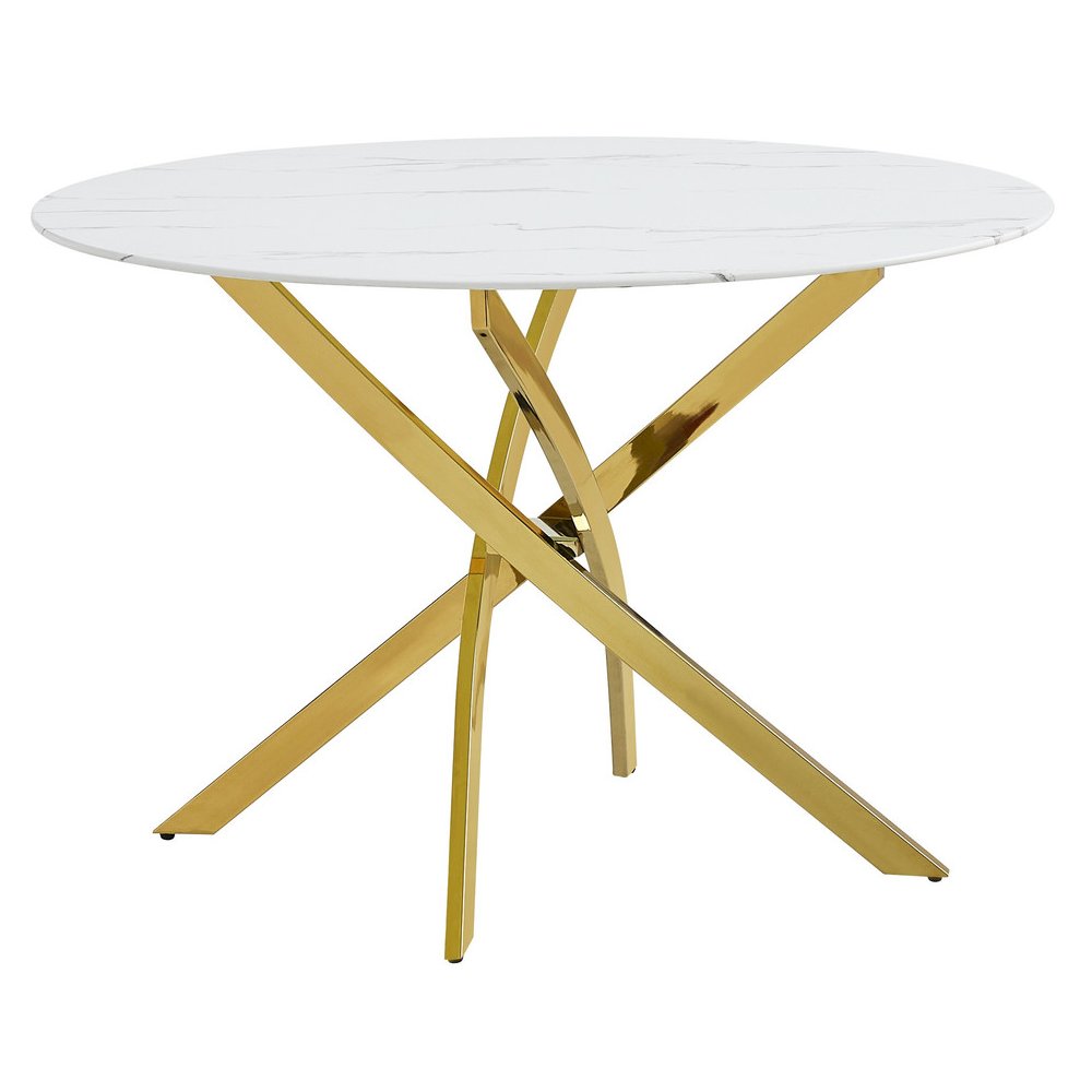 Round Marble Wrap Tempered Glass Dining Table With Gold Base. Picture 1