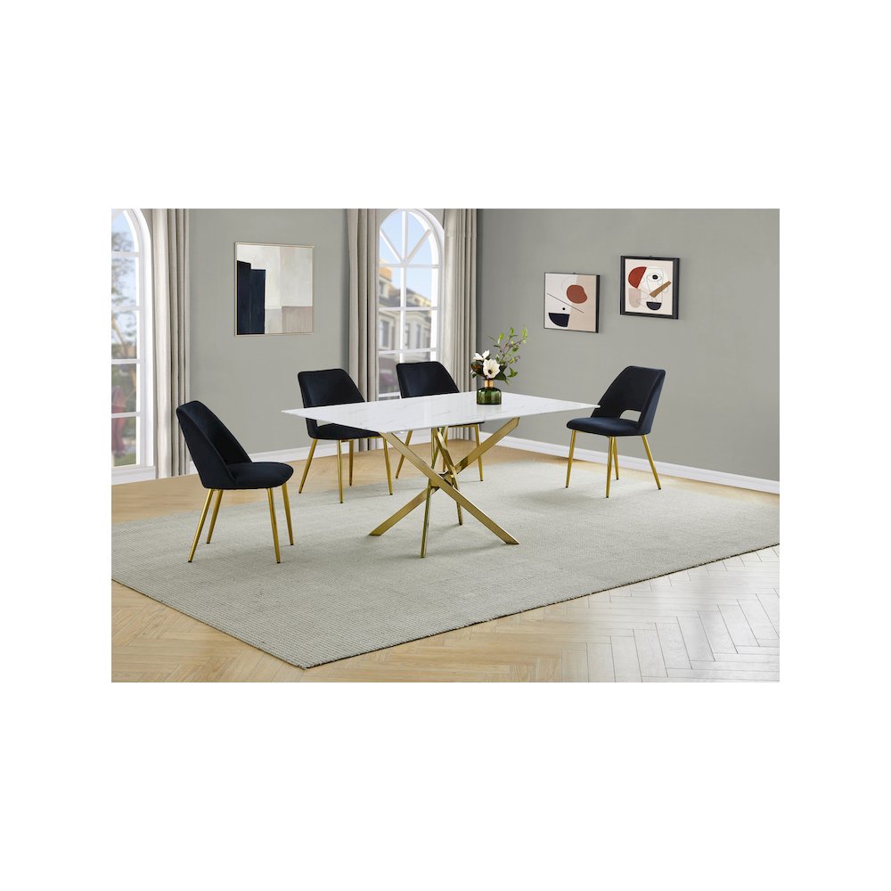 Best Quality Furniture Glass With White Marble Wrap Dining Set And Black Chairs. Picture 2