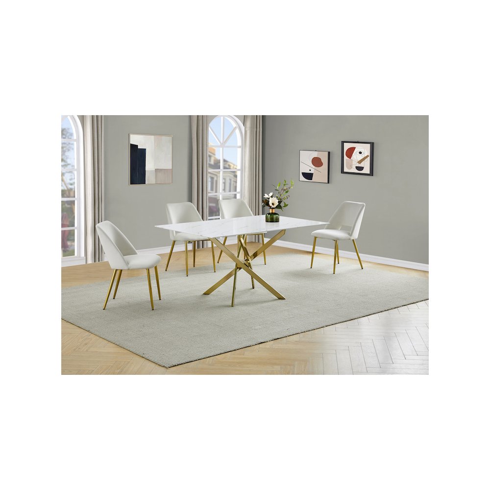 Best Quality Furniture Glass With White Marble Wrap Dining Set And Cream Chairs. Picture 2