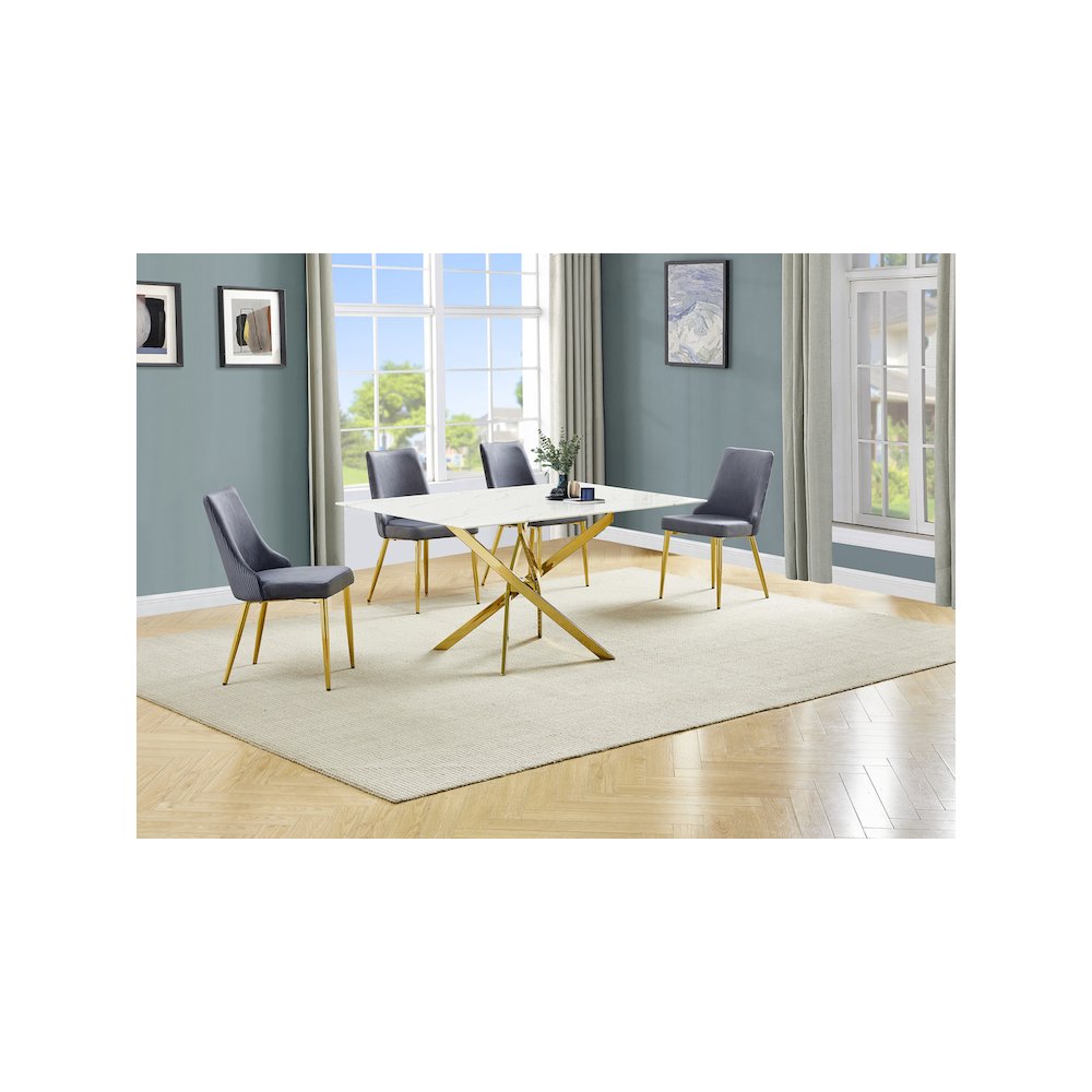 Best Quality Furniture White Marble Wrap Glass Dining Set With Velvet Chairs. Picture 2