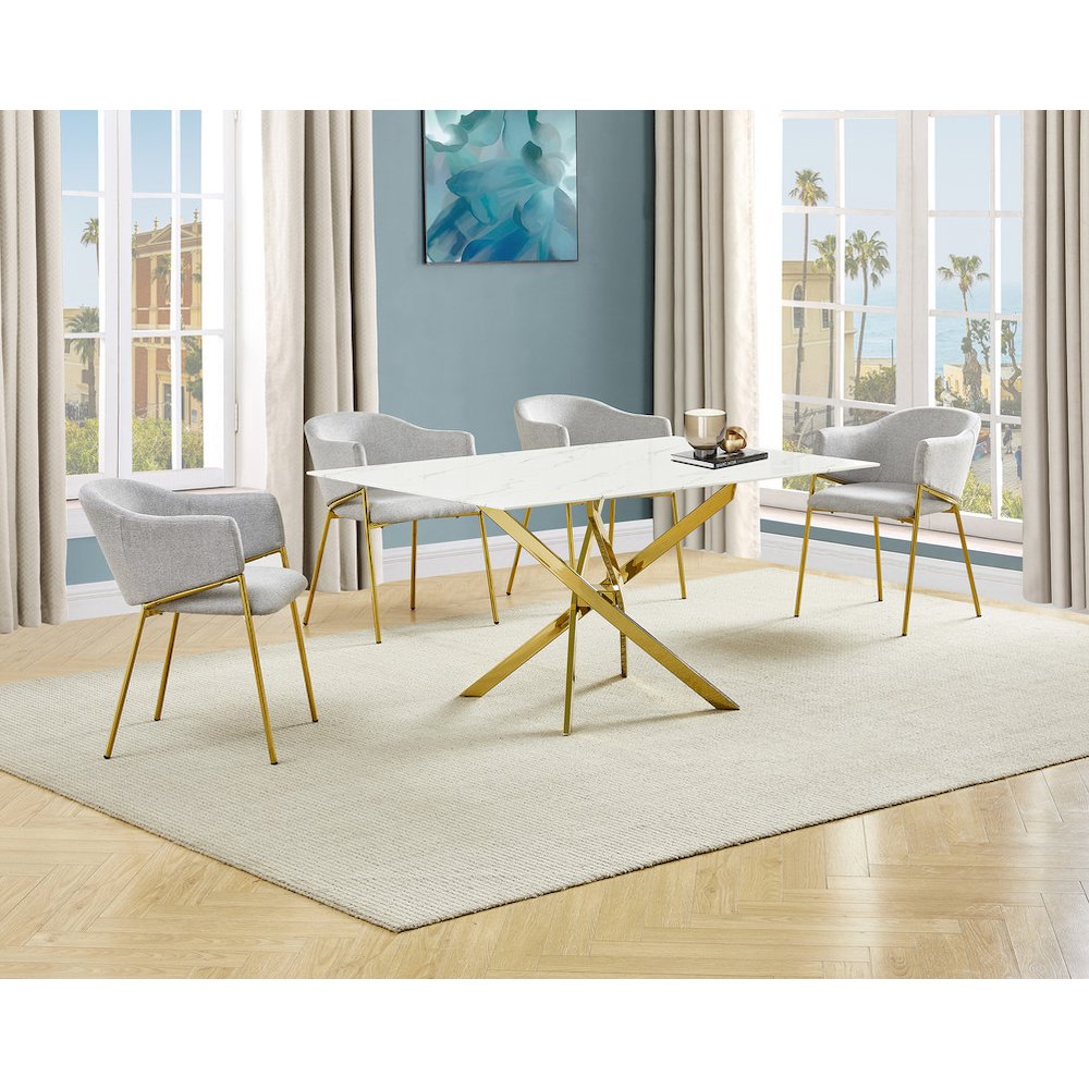 Rectangle Marble Wrap Tempered Glass Dining Table With 4 Linen Gray Side Chairs. Picture 2