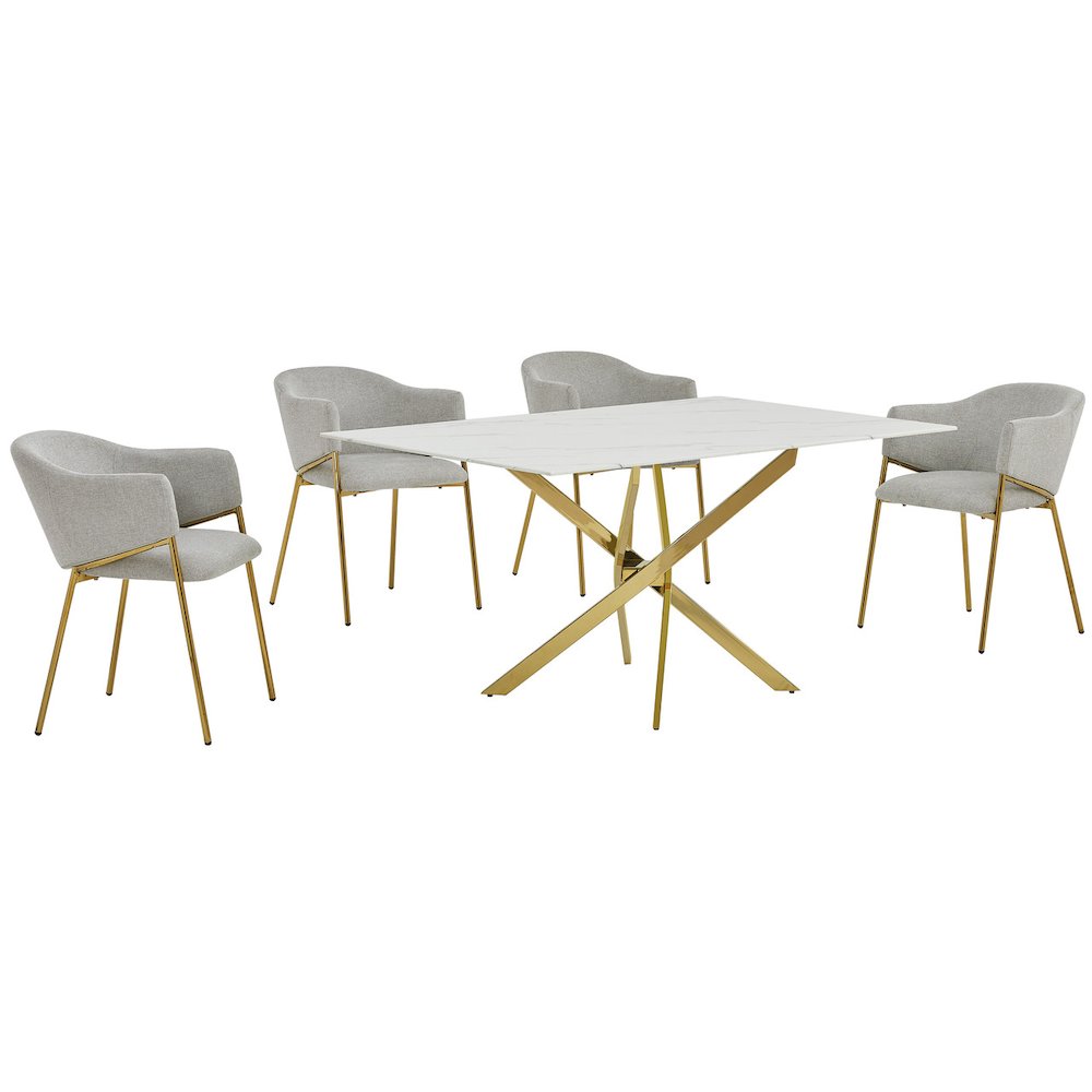 Rectangle Marble Wrap Tempered Glass Dining Table With 4 Linen Gray Side Chairs. Picture 1