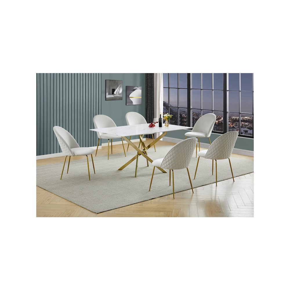 Best Quality Furniture Glass With White Marble Wrap Dining Set And Cream Chairs. Picture 2