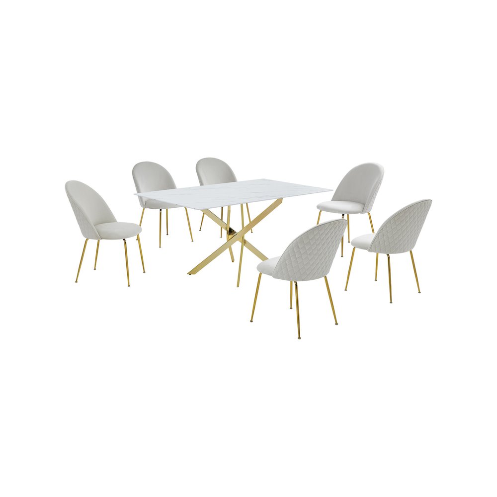 Best Quality Furniture Glass With White Marble Wrap Dining Set And Cream Chairs. Picture 1