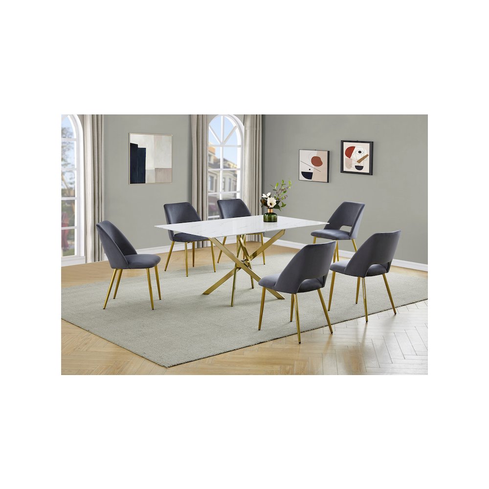 Best Quality Furniture Glass With White Marble Wrap Dining Set And Gray Chairs. Picture 2