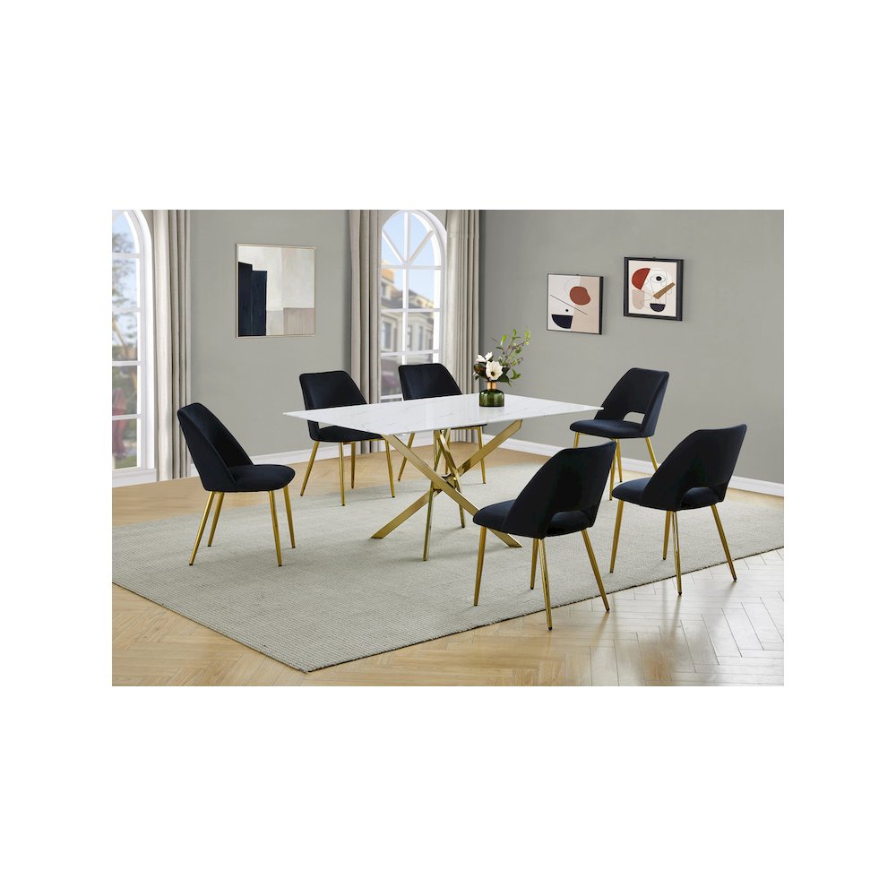 Best Quality Furniture Glass With White Marble Wrap Dining Set And Black Chairs. Picture 2
