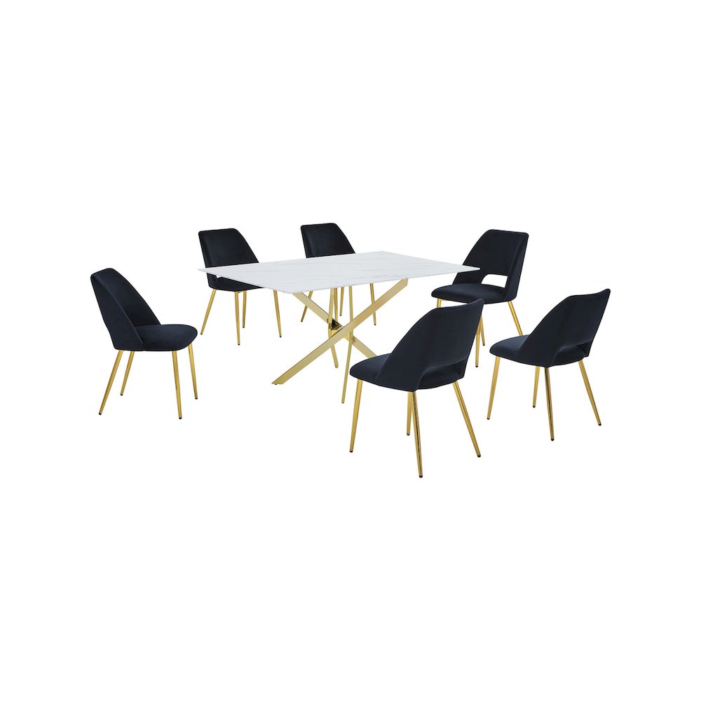 Best Quality Furniture Glass With White Marble Wrap Dining Set And Black Chairs. Picture 1
