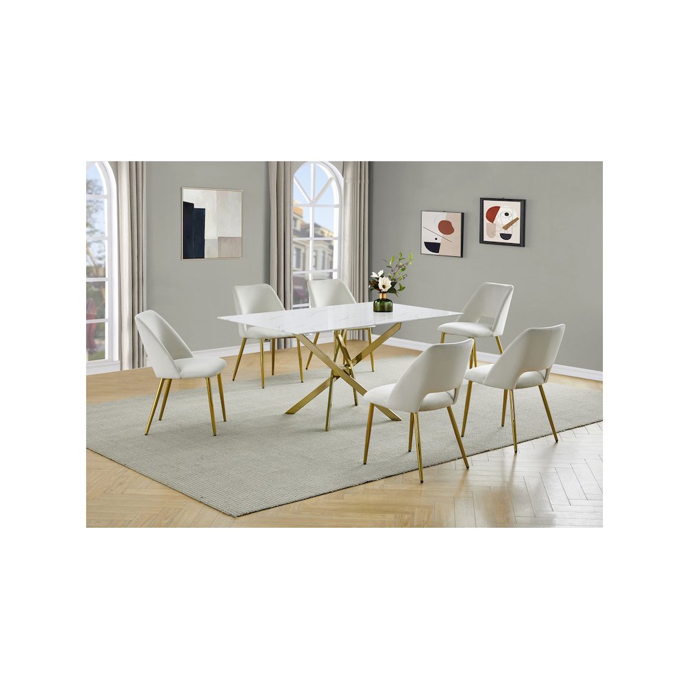 Best Quality Furniture Glass With White Marble Wrap Dining Set And Cream Chairs. Picture 2