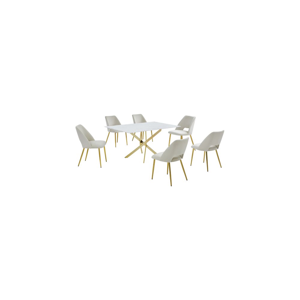 Best Quality Furniture Glass With White Marble Wrap Dining Set And Cream Chairs. Picture 1