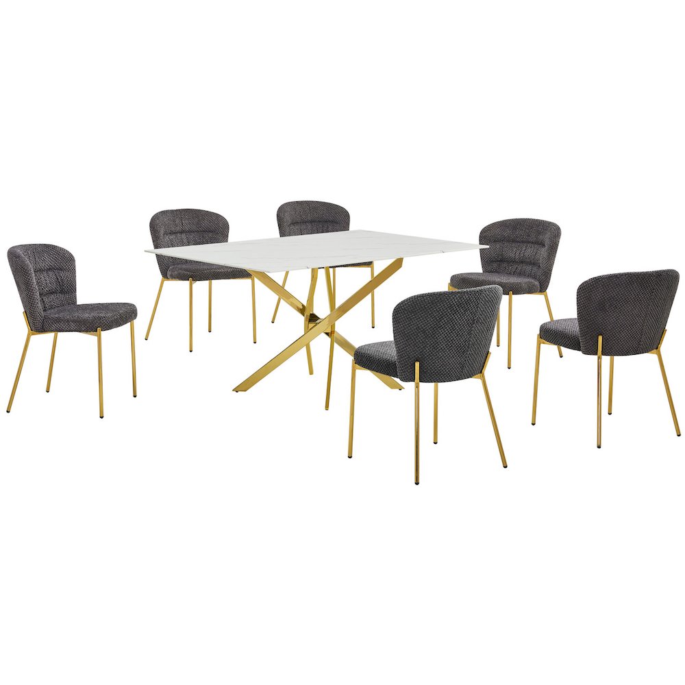 Rectangle Tempered Glass Dining Table With 6 Dark Grey Side Chairs. Picture 1