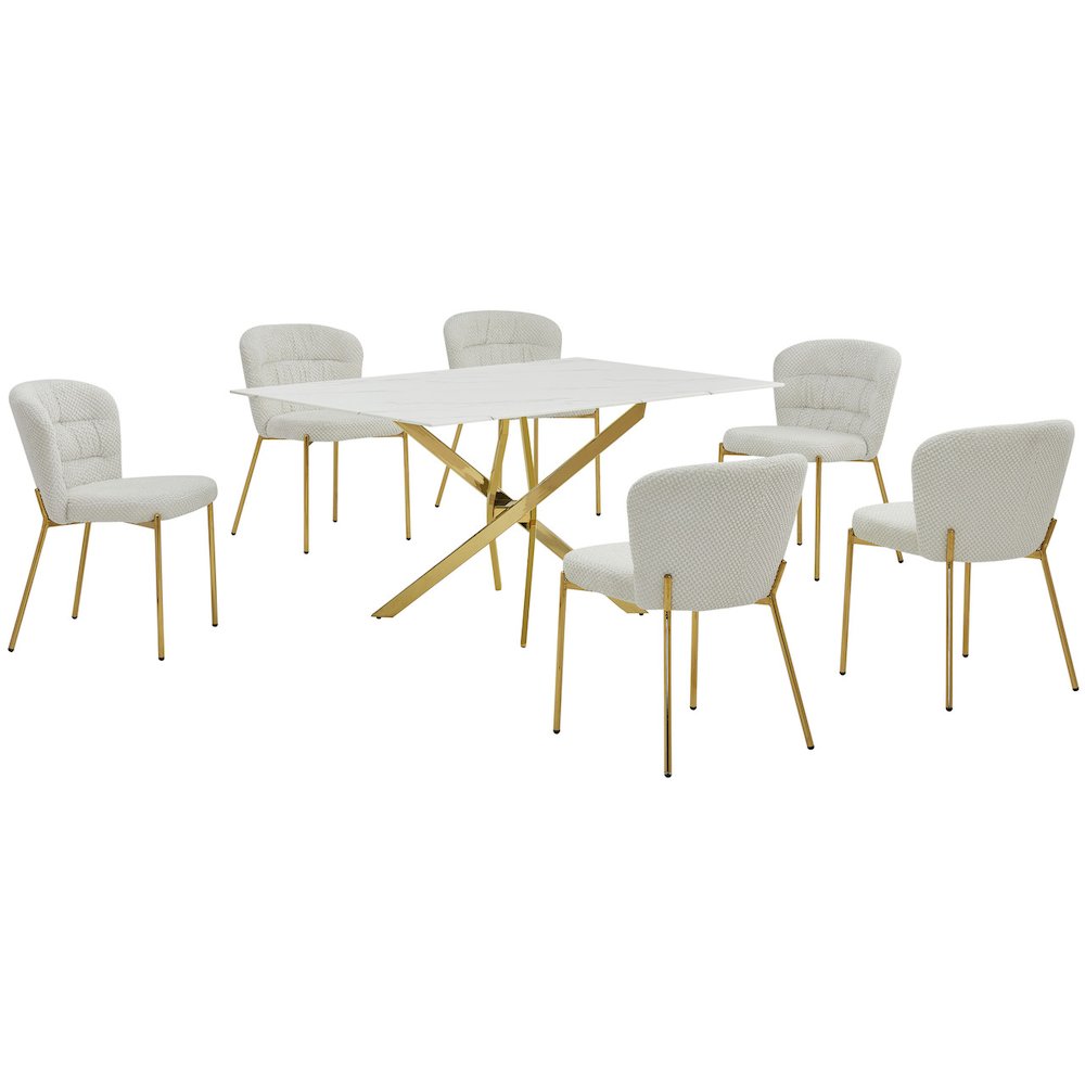 Rectangle Tempered Glass Dining Table With 6 Cream Side Chairs. Picture 1