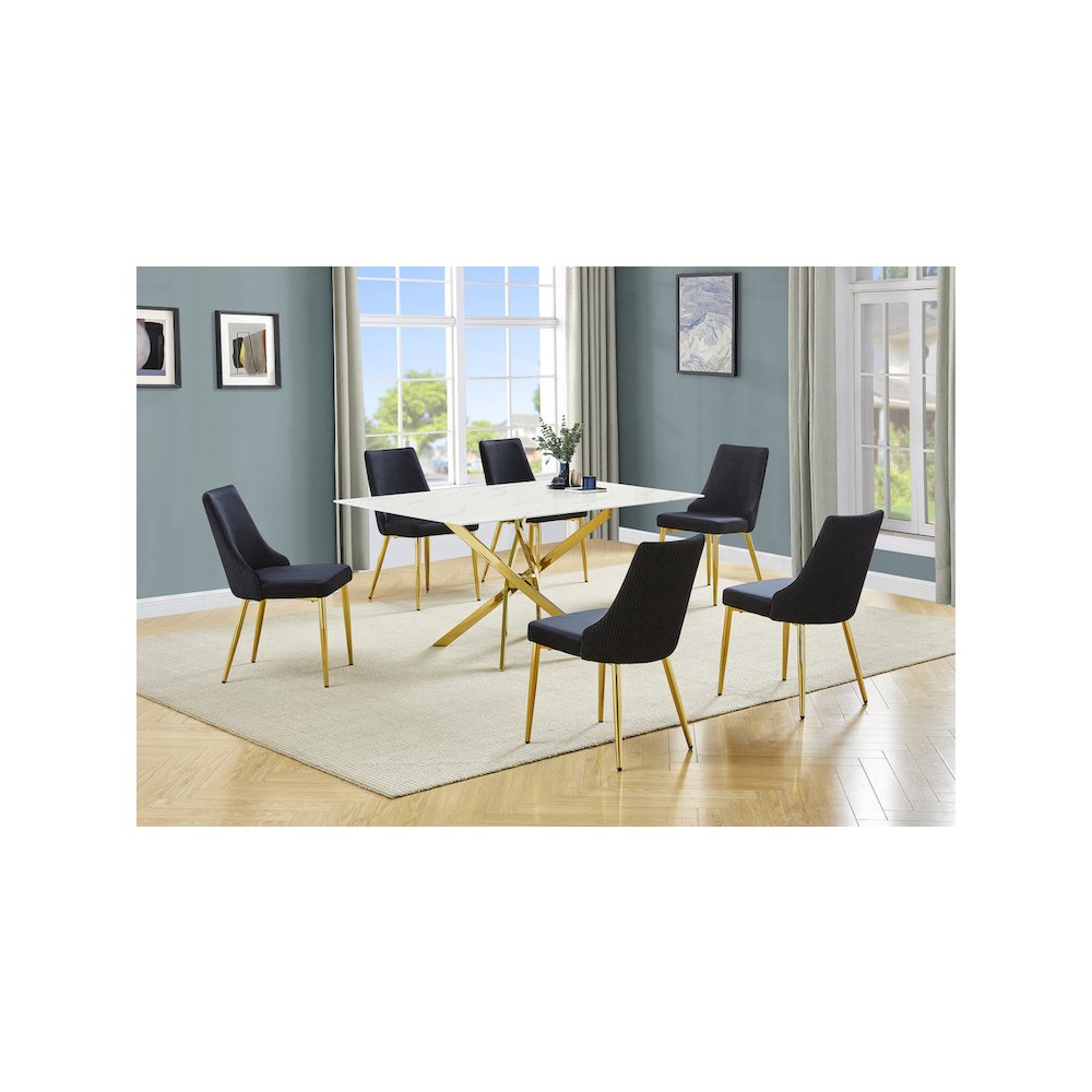 Best Quality Furniture White Marble Wrap Glass Dining Set With Velvet Chairs. Picture 2