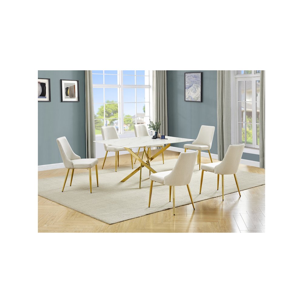 Best Quality Furniture White Marble Wrap Glass Dining Set With Velvet Chairs. Picture 2